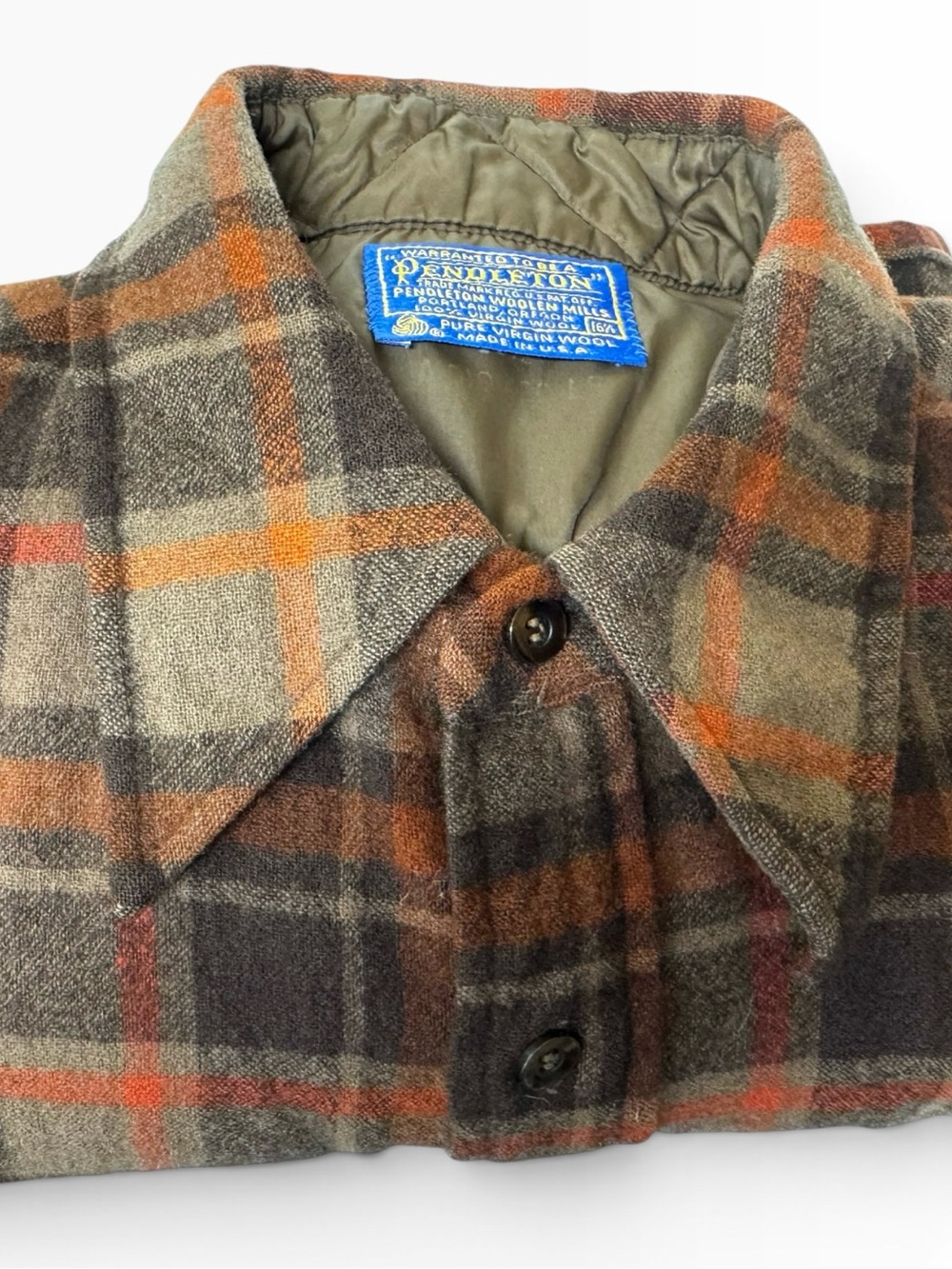 Vintage Pendleton Men's Brown & Orange Plaid Flannel Button Down Wool Shirt - Picture 7 of 12
